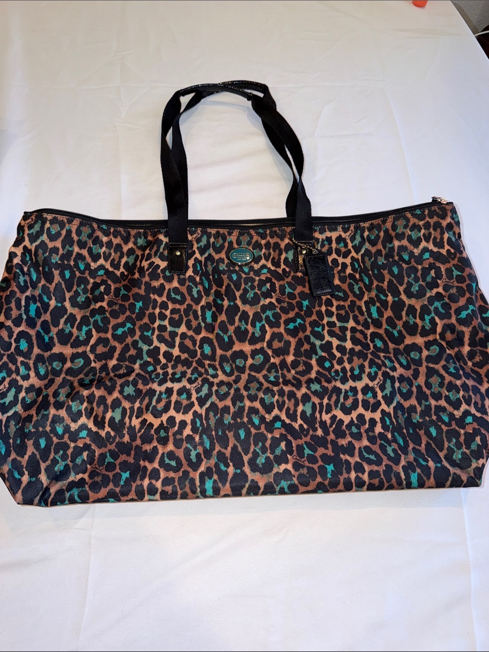 Coach Nylon weekender large leopard with green bag minus cosmetic bag EUC